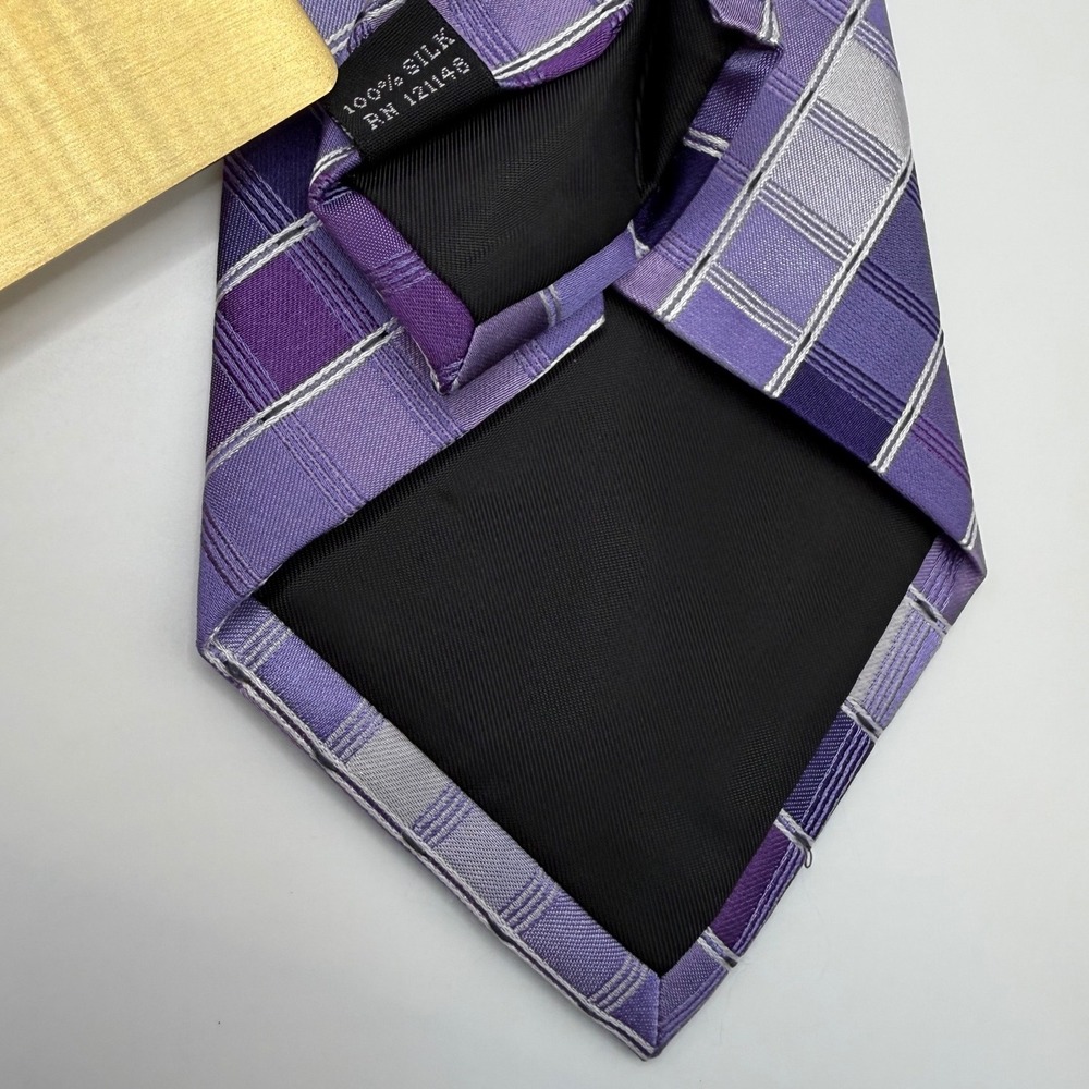 Kenneth Cole Reaction Silk Tie OS Purple Plaid Striped Geometric Business Modern - Picture 6 of 7